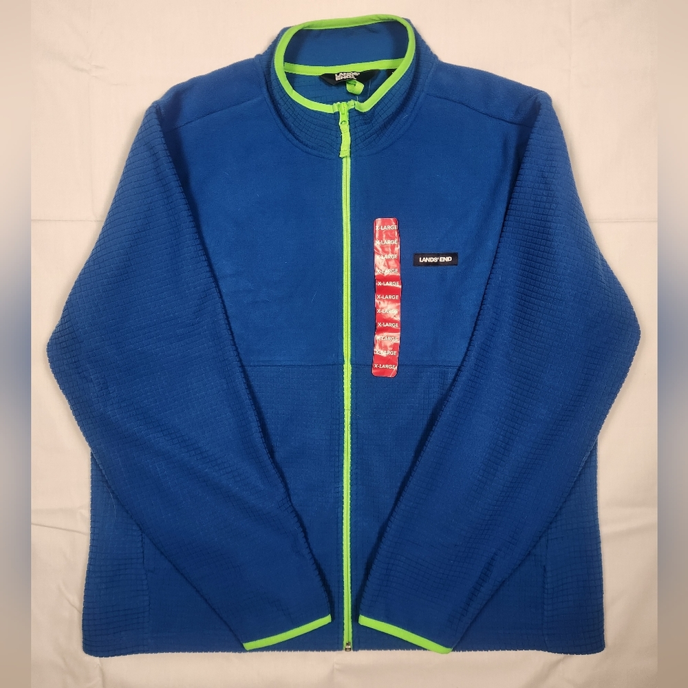 Lands' End Men's Grid Fleece Zip-Up Jacket Blue / Green -Size XL NWT